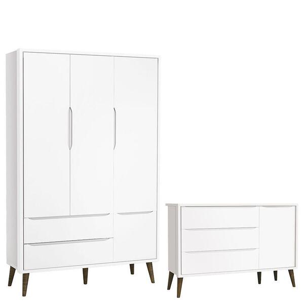 Cômoda Infantil Com Porta E Guarda Roupa 3 Portas Theo Branco