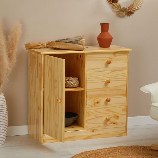 Cômoda Infantil Madeira Maciça 1 Porta 4 Gavetas Rondo - Natu