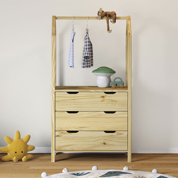 Cômoda Infantil Montessori Madeira Com Arara 3 Gavetas Amira