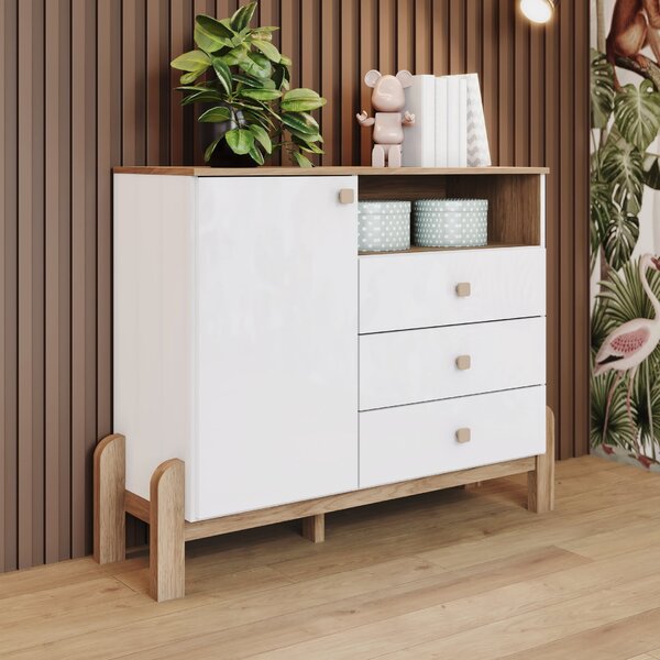 Cômoda Infantil Ternura 1 Porta 3 Gavetas Branco E Jequitibá