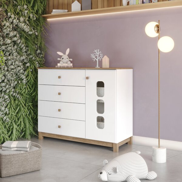Cômoda Infatil Aconchego 1 Porta 4 Gavetas Branco E Jequitibá