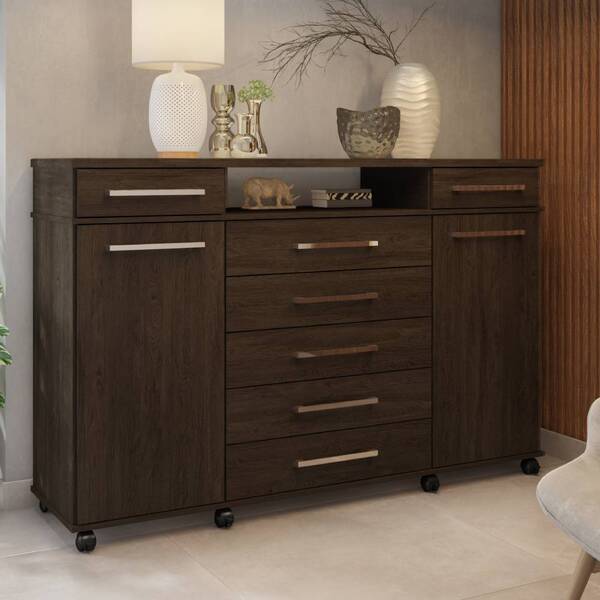 Cômoda London Com Rodízios 2 Portas 7 Gavetas Ébano Tana Decor