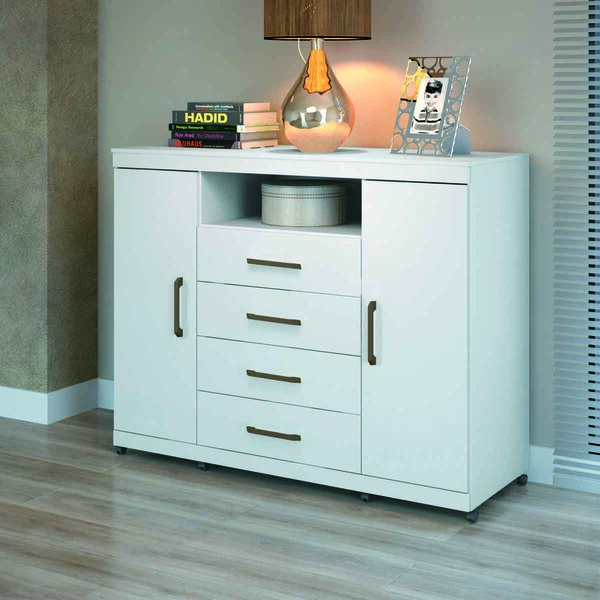 Cômoda Master Branco 4 Gavetas 2 Portas Com Cabideiro E Rodíz