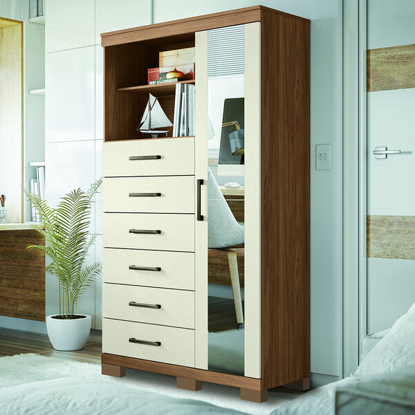 Cômoda Multiuso 1 Porta 6 Gavetas Com Pés E Espelho Marabá Sa