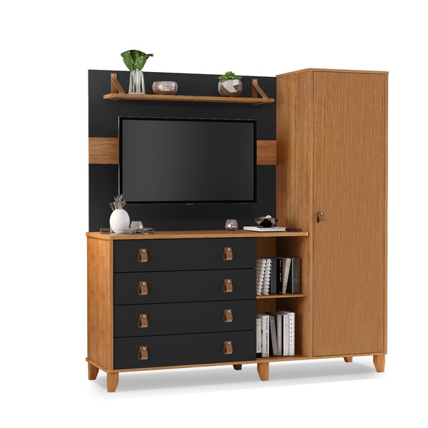 Cômoda Multiuso + Painel Tv 50 Polegadas Maldivas Preto Mdf