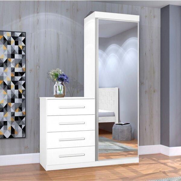 Cômoda Multiuso Com Espelho 1 Porta 4 Gavetas Thor  Branco