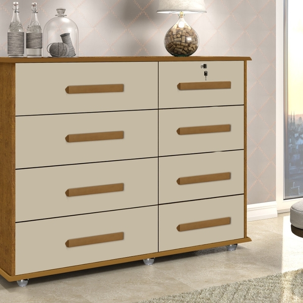 Cômoda Neron 8 Gavetas Mel e Off White