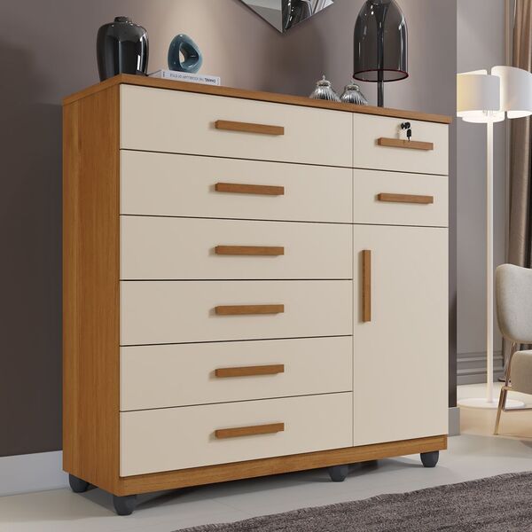 Cômoda New Vitória 1 Porta 8 Gavetas Benetil Cinamomo/off