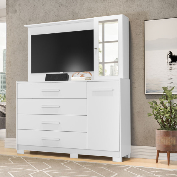 Cômoda Nina Com Espelho Tv 43 2 Portas 4 Gavetas Branco Fosco