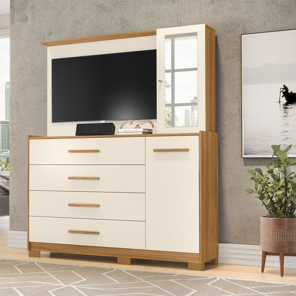 Cômoda Nina Com Espelho Tv 43 2 Portas 4 Gavetas Carvalho Gri