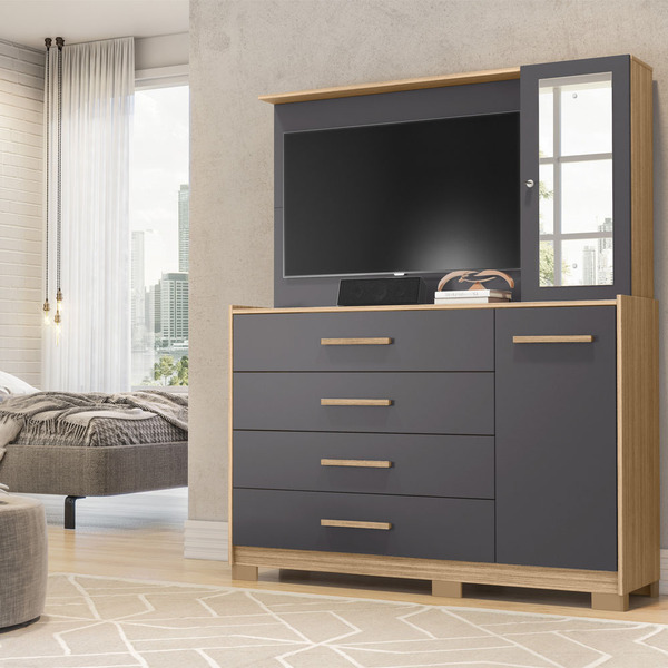 Cômoda Nina Com Espelho Tv 43 2 Portas 4 Gavetas Nature Titan