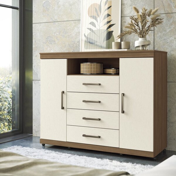 Cômoda Para Quarto 2 Portas 4 Gavetas 1 Nicho Master Com Rodí