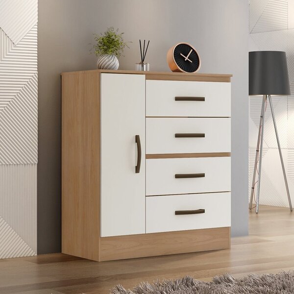 Cômoda Para Quarto 4 Gavetas 01 Porta Lite Nature/off White