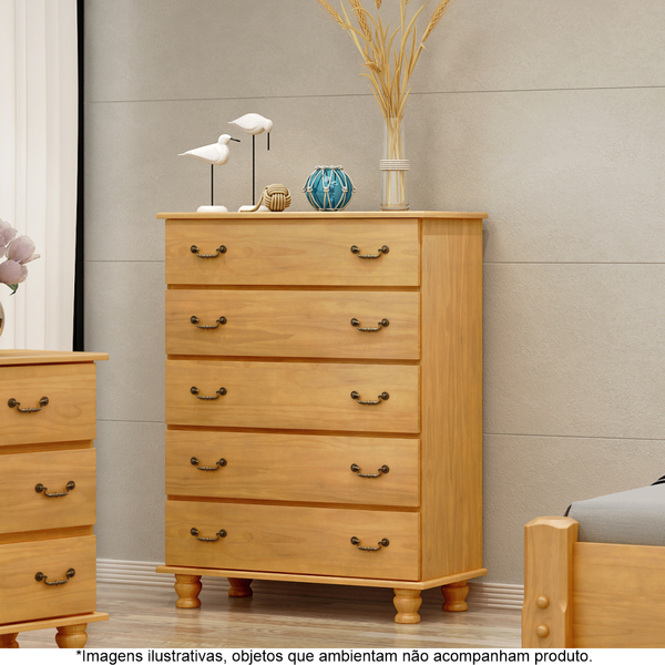 Cômoda Para Quarto  Em Madeira Maciça 5 Gavetas Havana Mel -