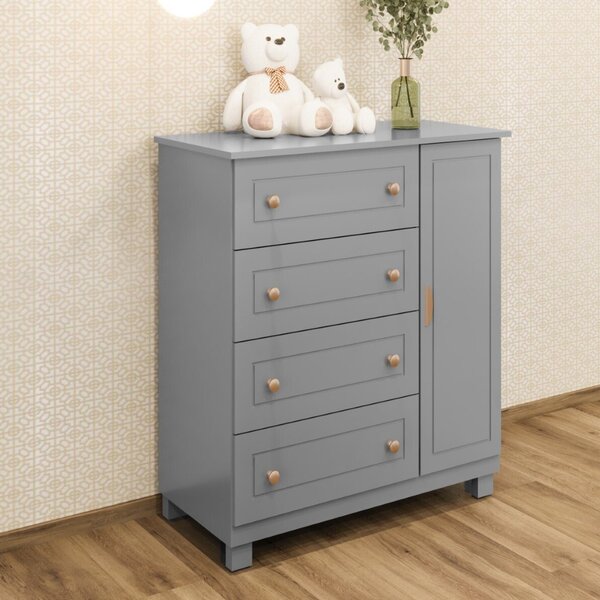 Cômoda Para Quarto De Bebê 1 Porta 4 Gavetas Údine Retro Cinza