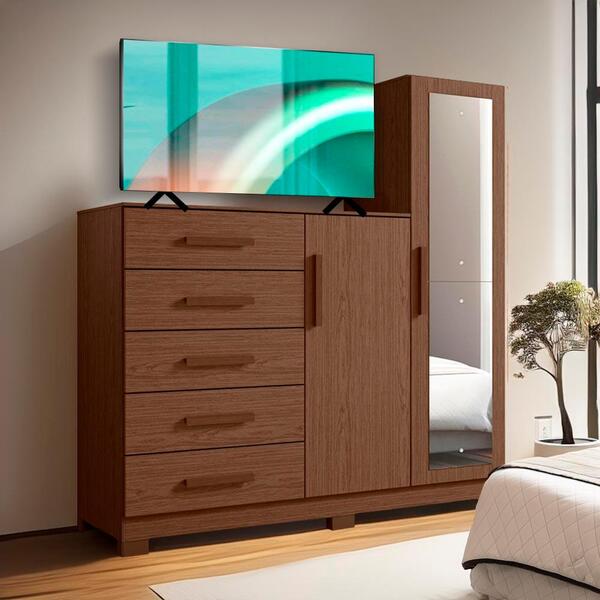 Cômoda Para Tv Até 50 Polegadas 5 Gavetas Espelho Cacau Nexus