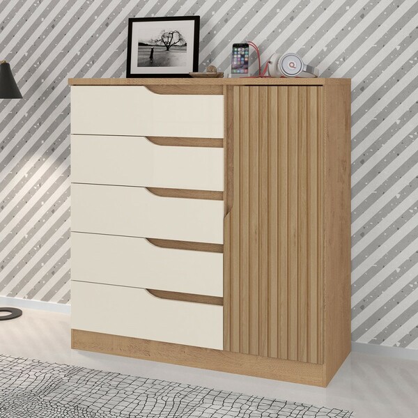 Cômoda Paris New 1 Porta 5 Gavetas Ripado 3d Natura/off White