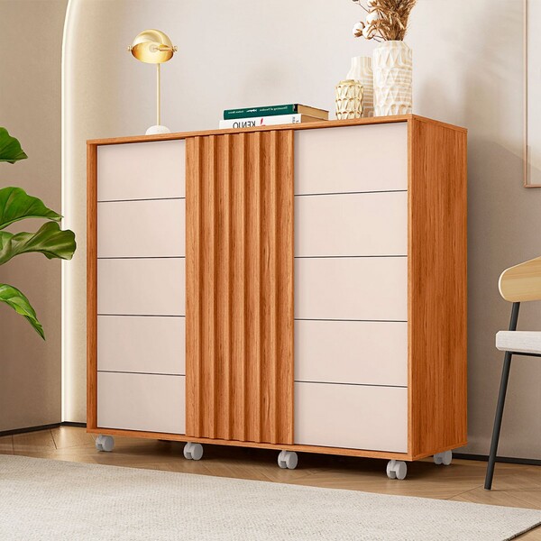 Cômoda Pegasus 2 Portas 5 Gavetas Ripado Freijo/off White - C