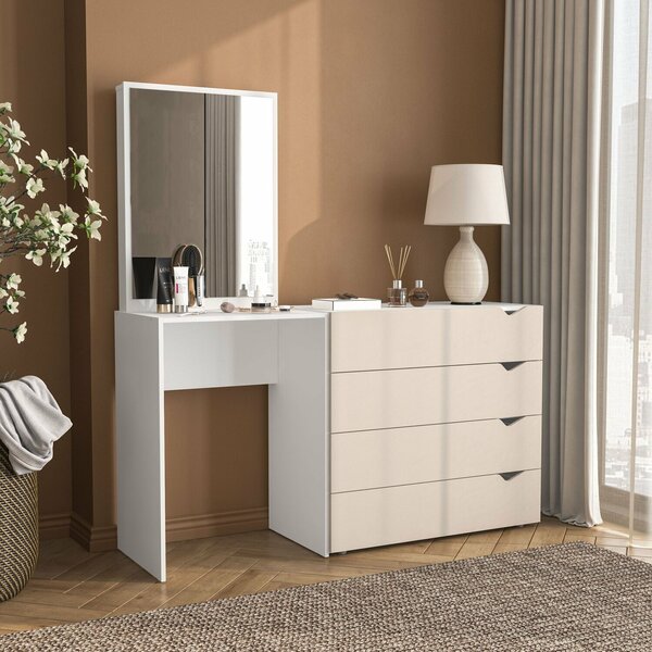 Cômoda Penteadeira 4 Gavetas Com Espelho Porto Creme/branco