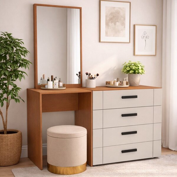 Cômoda Penteadeira 4 Gavetas Lisboa Creme/freijó