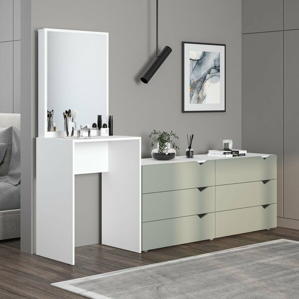 Cômoda Penteadeira 6 Gavetas Com Espelho Porto Verde/branco