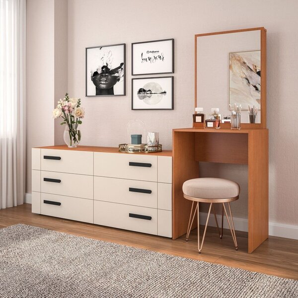 Cômoda Penteadeira 6 Gavetas Lisboa Creme/freijó