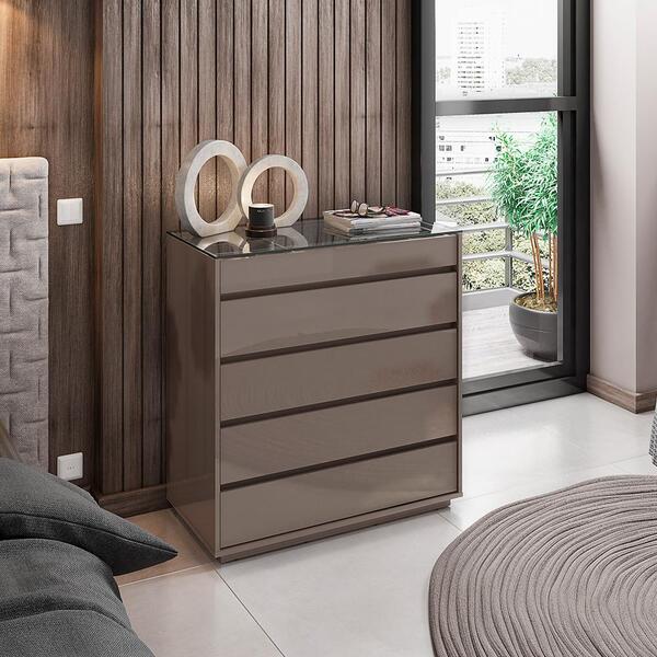 Cômoda Quarto Belize 5 Gavetas E Tampo De Vidro