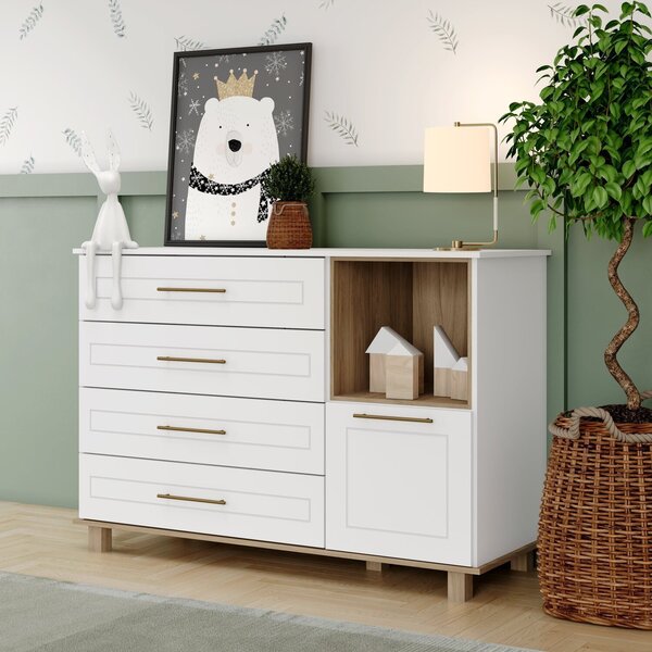 Cômoda Retrô 1 Porta E 4 Gavetas Harper Branco Hp/jequitibá Hp