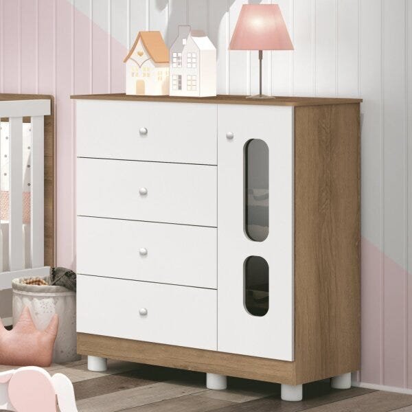 Cômoda Sapateira 4 Gavetas 1 Porta Katatau  Branco Brilho Com