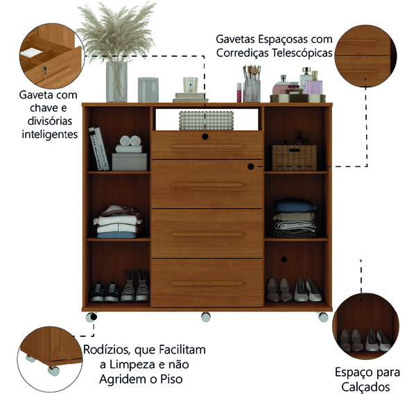 Cômoda Sapateira Com Chave 4 Gavetas 2 Portas Versátil Zanzini