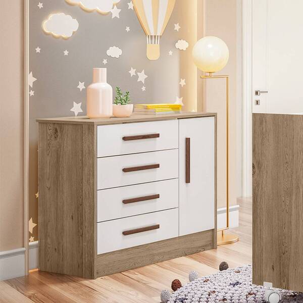 Cômoda Sapateira Davi 1 Porta 4 Gavetas Carvalho Branco Tana