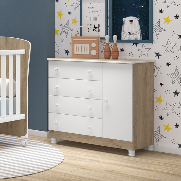 Cômoda Sapateira Frozen 1 Porta 4 Gavetas Carvalho Branco Bnn