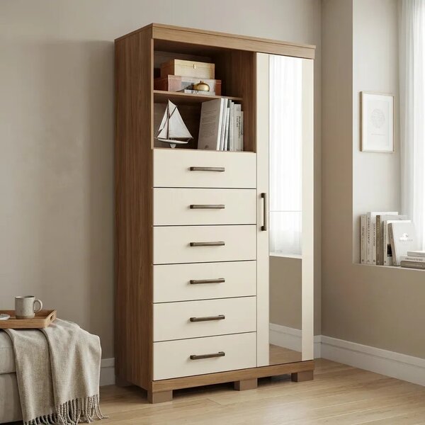 Cômoda Sapateira Multiuso 6 Gavetas 1 Porta Com Espelho E Pés