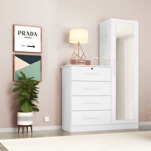 Cômoda Suelen Com Espelho 1 Porta 4 Gavetas Branco Fosco Bnn