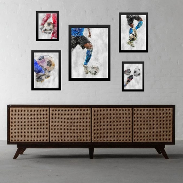Composição 5 Quadros Aquarela Futebol Moldura:madeira Branca