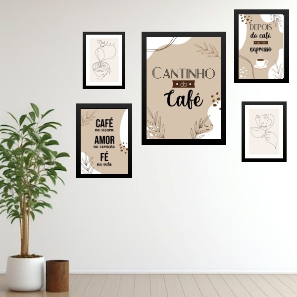 Composição 5 Quadros Cantinho Do Café Moderno - Com Vidro Mol