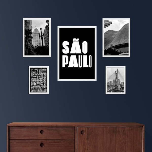 Composição 5 Quadros Cidade De São Paulo Moldura Preta