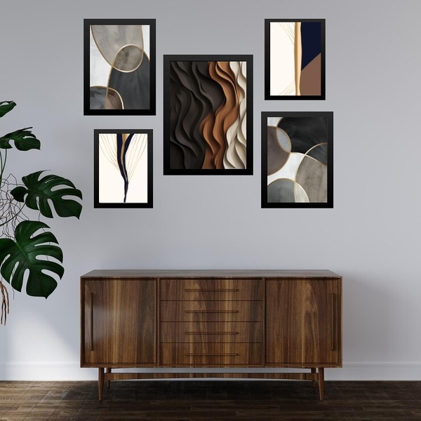 Composição 5 Quadros Decoração Moderna Abstrata Sala - Com Vi