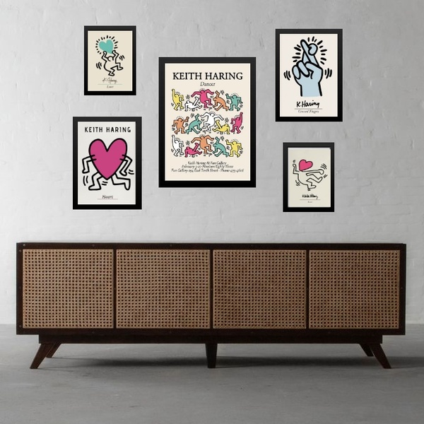 Composição 5 Quadros Keith Haring Colorido Moldura:madeira Pr