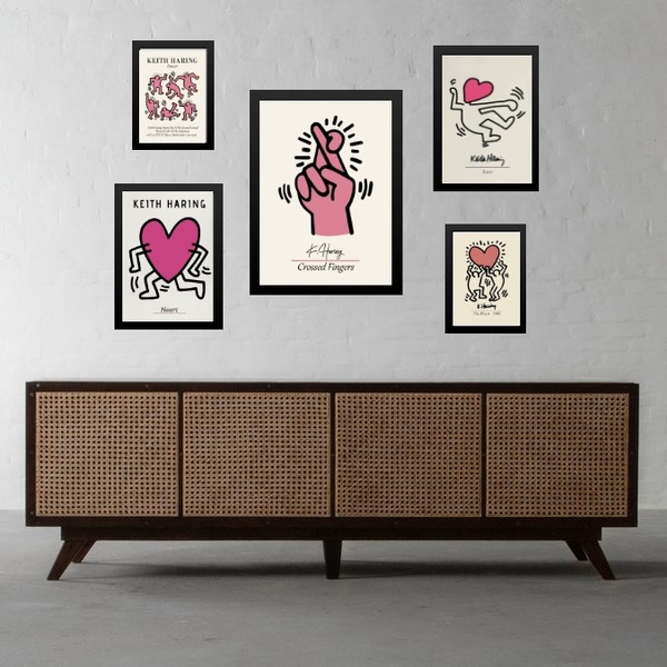 Composição 5 Quadros Keith Haring Rosa Moldura:madeira Branca