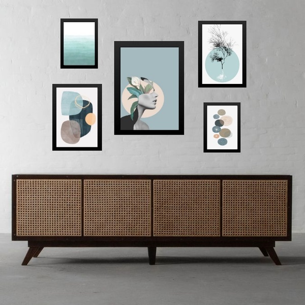 Composição 5 Quadros Modernos Sala Verde Água - Com Vidro Mol