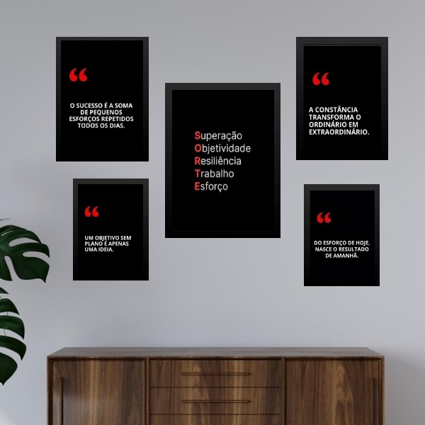 Composição 5 Quadros Motivacionais Fórmula Sucesso - Com Vidr