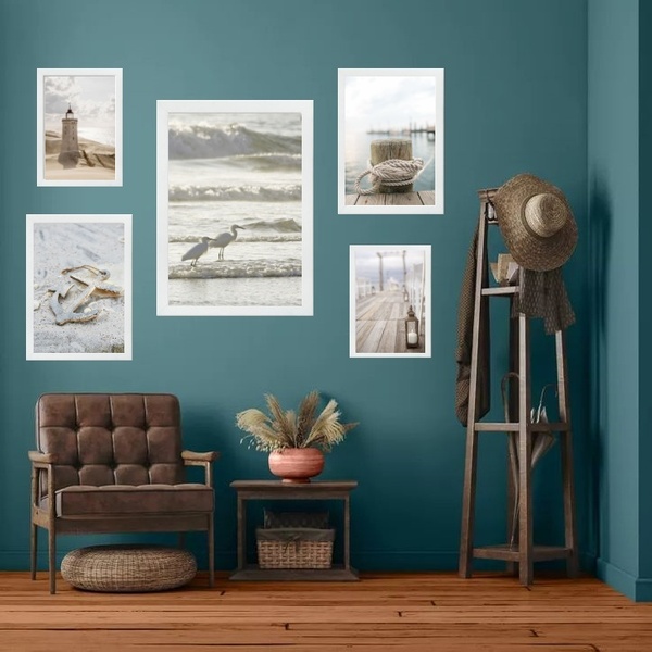 Composição 5 Quadros Praia Soft Moldura:madeira Branca