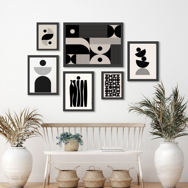 Composição 6 Quadros Abstratos- Formas Preto E Branco - Com V