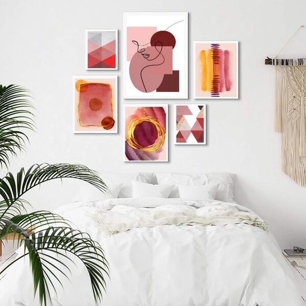 Composição 6 Quadros Abstratos Cores Quentes Moldura:madeira