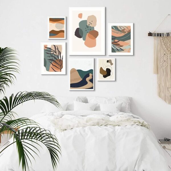 Composição 6 Quadros Abstratos Modernos Neutros - Com Vidro M