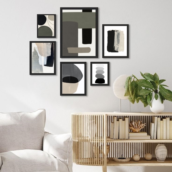 Composição 6 Quadros Abstratos Sala- Cinza Preto E Bege Moldu