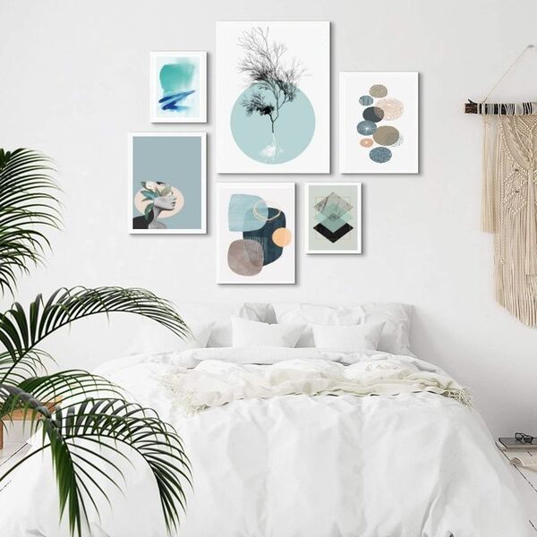 Composição 6 Quadros Abstratos Suaves Verde Água Moldura:made