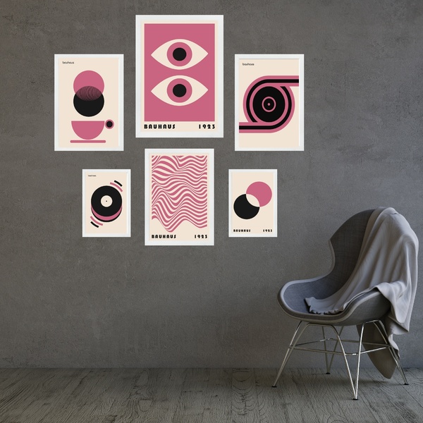 Composição 6 Quadros Artes Bauhaus Rosa E Bege Moldura Preta