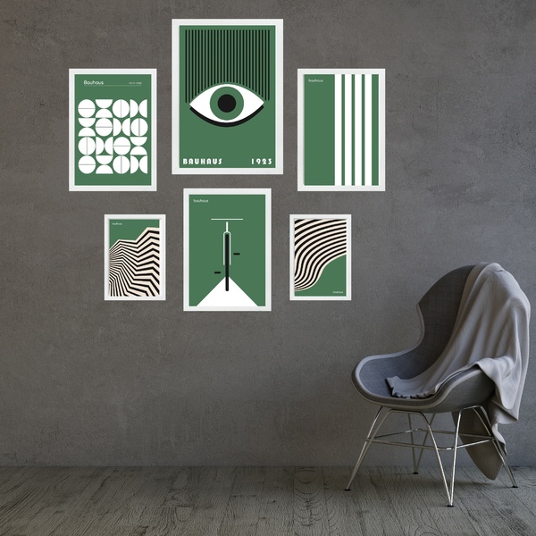 Composição 6 Quadros Artes Bauhaus Verde E Branco - Com Vidro